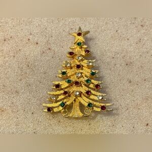 Gold Christmas Tree Brooch with Red and Green Accents